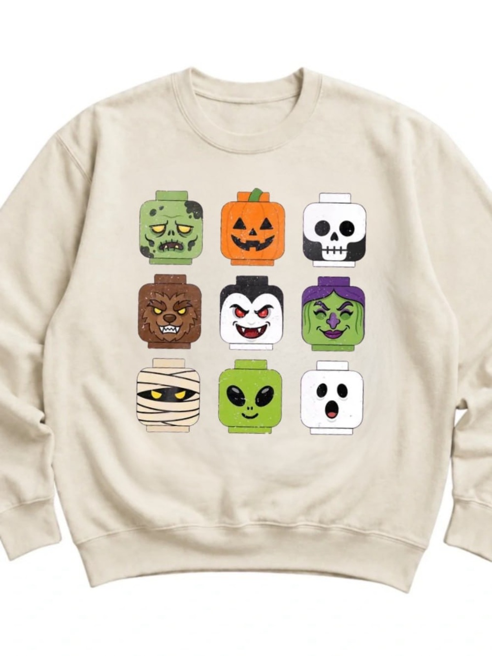 Cream Halloween Lego-Style Character Crewneck Sweatshirt